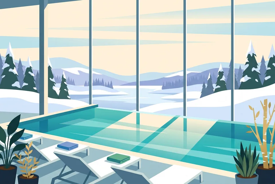 Flat illustration of an indoor pool by tall windows, with snowy hills, pines and a frozen lake outside.