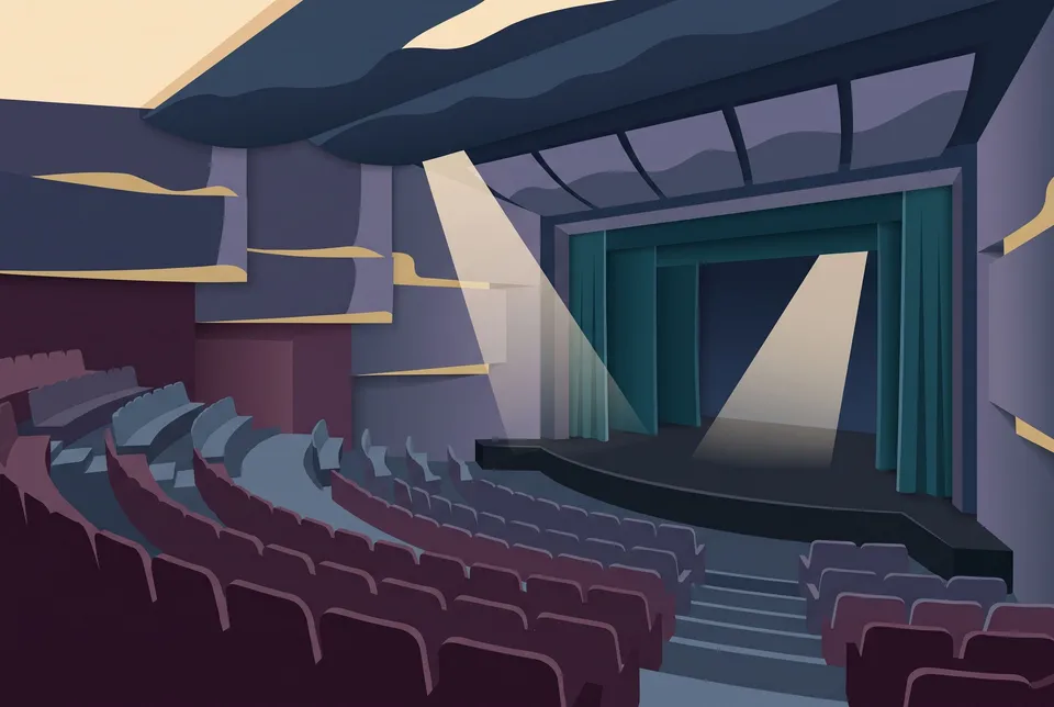 Flat illustration of an empty theatre seen from the back rows, curved seats stepping down to a stage with closed curtains.