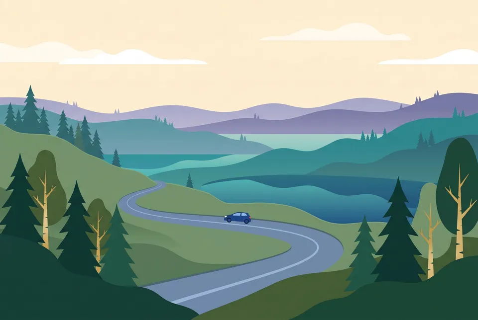 Flat illustration of a two-lane road winding through green hills, pines and small lakes on a summer morning, one small car on it.